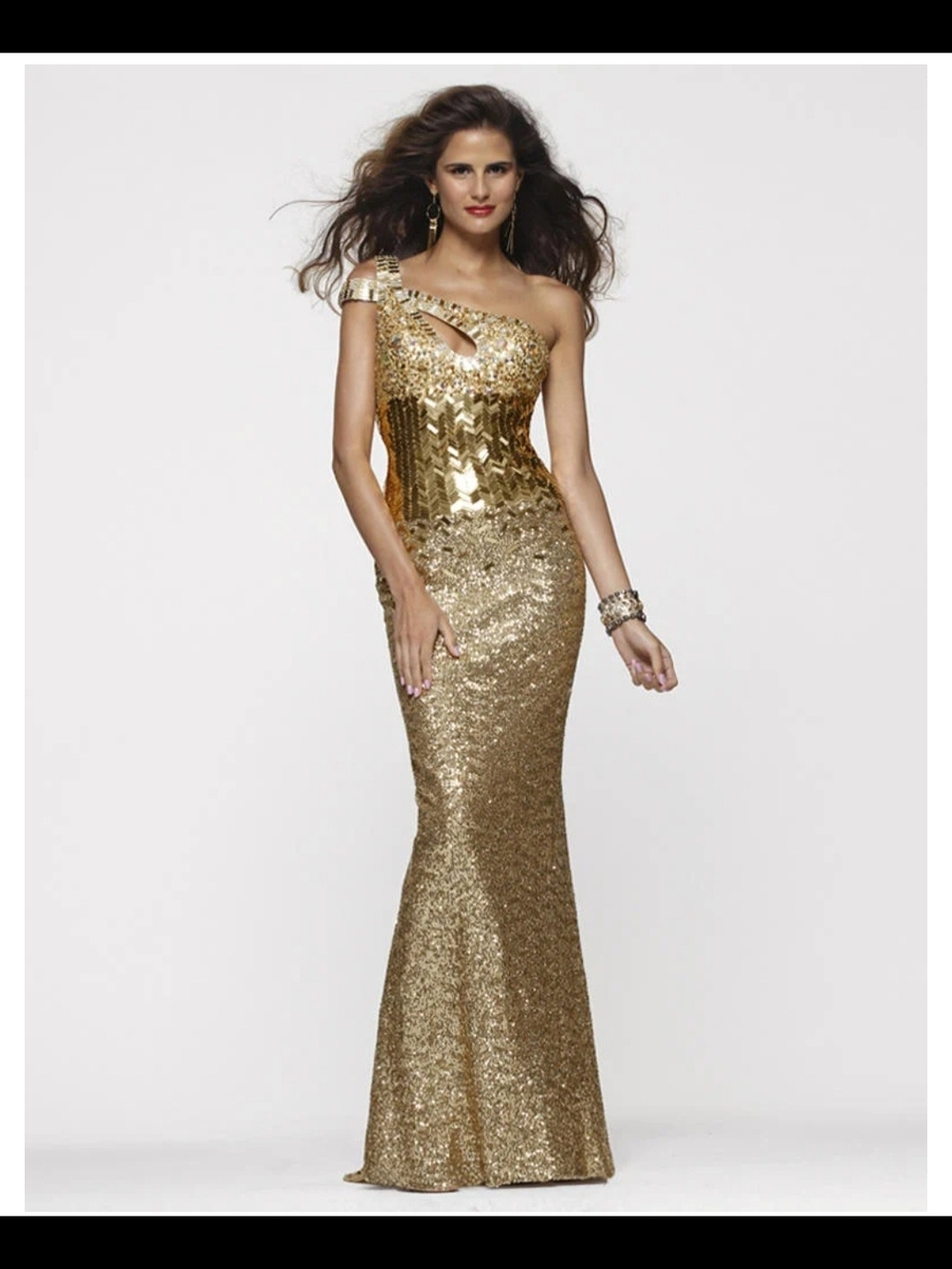 Jovani Gold Sequin One-Shoulder Evening Gown
